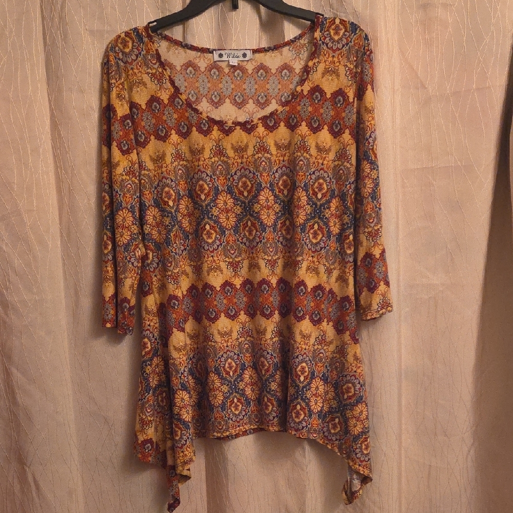 Wilde Orange Brown‎ Asymmetrical 3/4 Sleeve Tunic